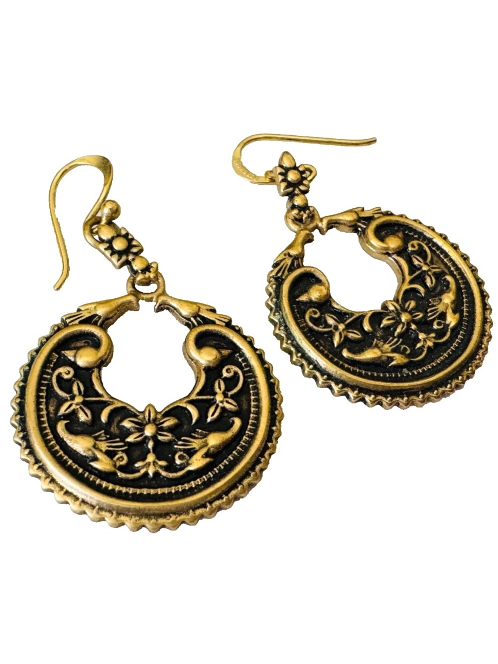 BARSE 925 Flower Drop Gold Tone Hoop Pierced Earrings 1 3/16"